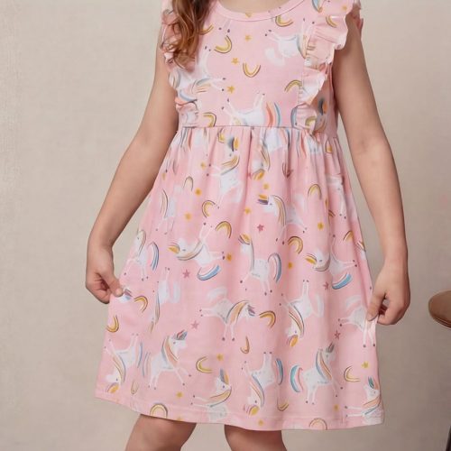 Children's Unicorn Print Ruffle Sleeve Casual Dress