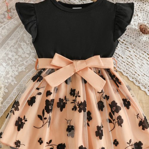 Children's Floral Print Mesh Bowknot Toddler Dress