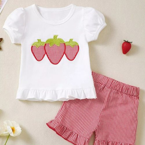Children's Strawberry Gingham Ruffle Trim Top and Shorts Set