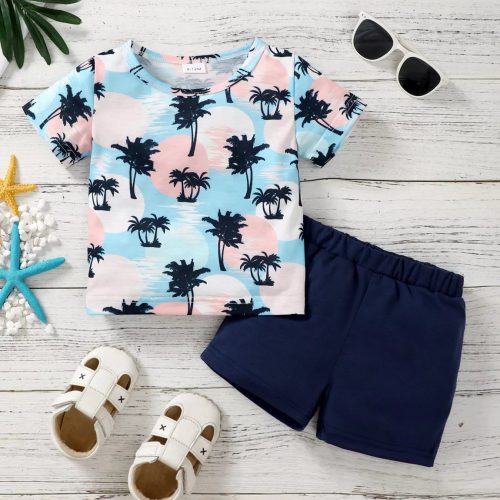 Children's Tropical Palm Print Tee and Shorts Outfit Set