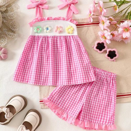 Children's Floral Applique Gingham Cami Top & Shorts Set